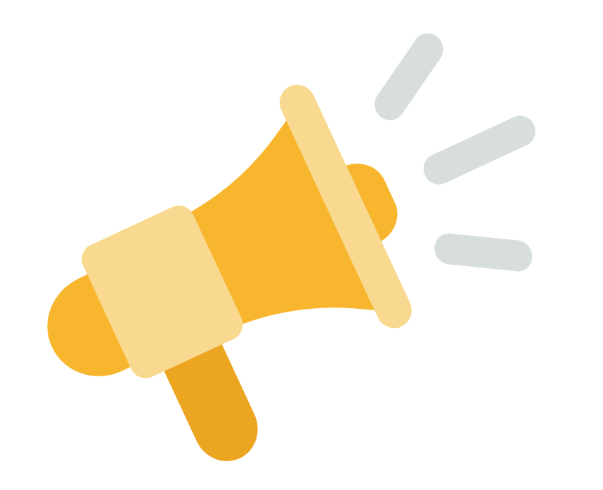 A yellow megaphone with a light coming out of it on a white background.