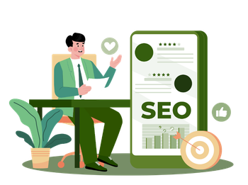 A man is sitting at a desk next to a cell phone that says seo.