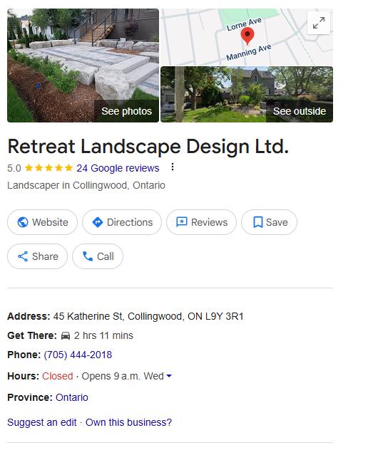 A google maps page for retreat landscape design ltd.