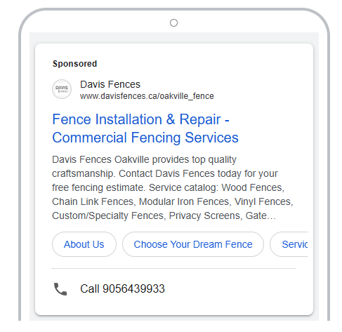 A cell phone with a fence installation and repair commercial fencing service advertisement on it.