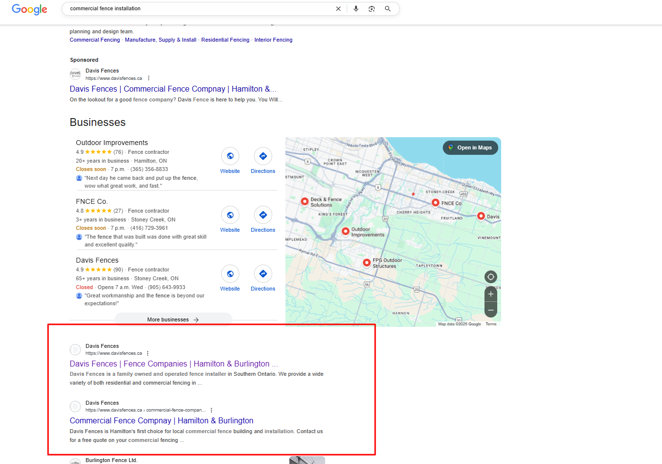 A screenshot of a google search page with a map on it.