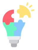 A light bulb with puzzle pieces coming out of it.