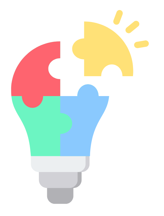 A light bulb with puzzle pieces coming out of it.