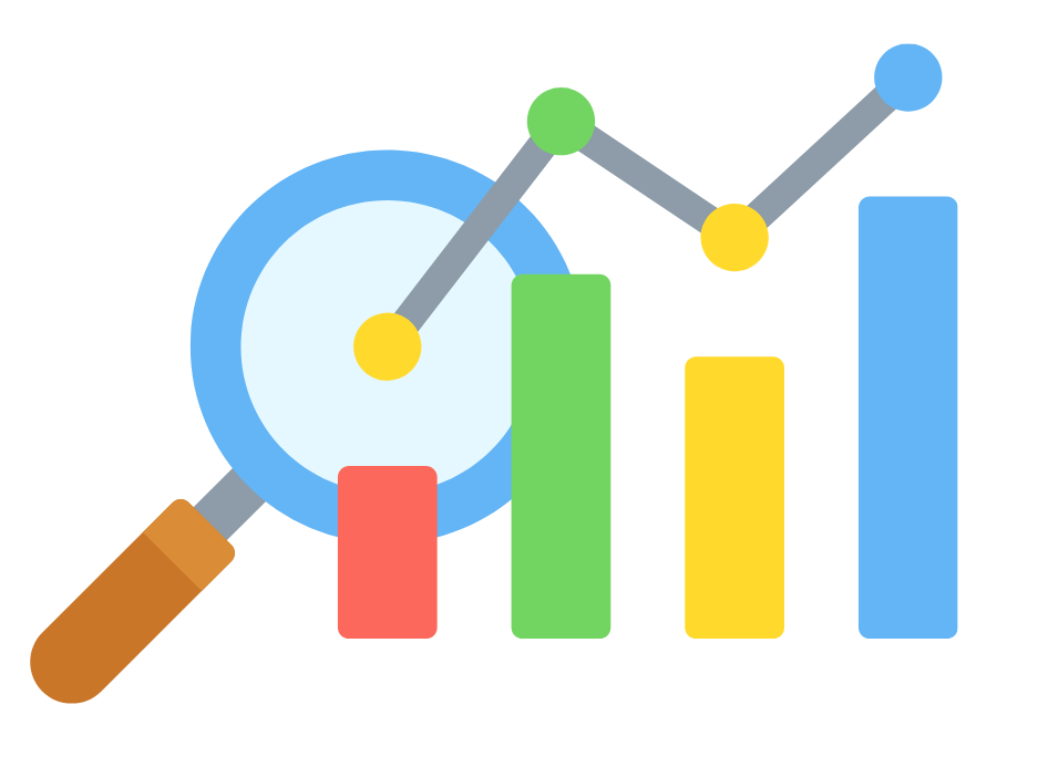 A magnifying glass is looking at a bar graph.