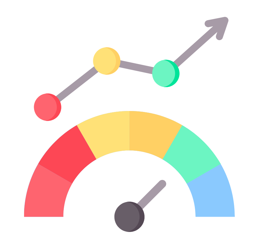 A speedometer with an arrow pointing up and a graph.