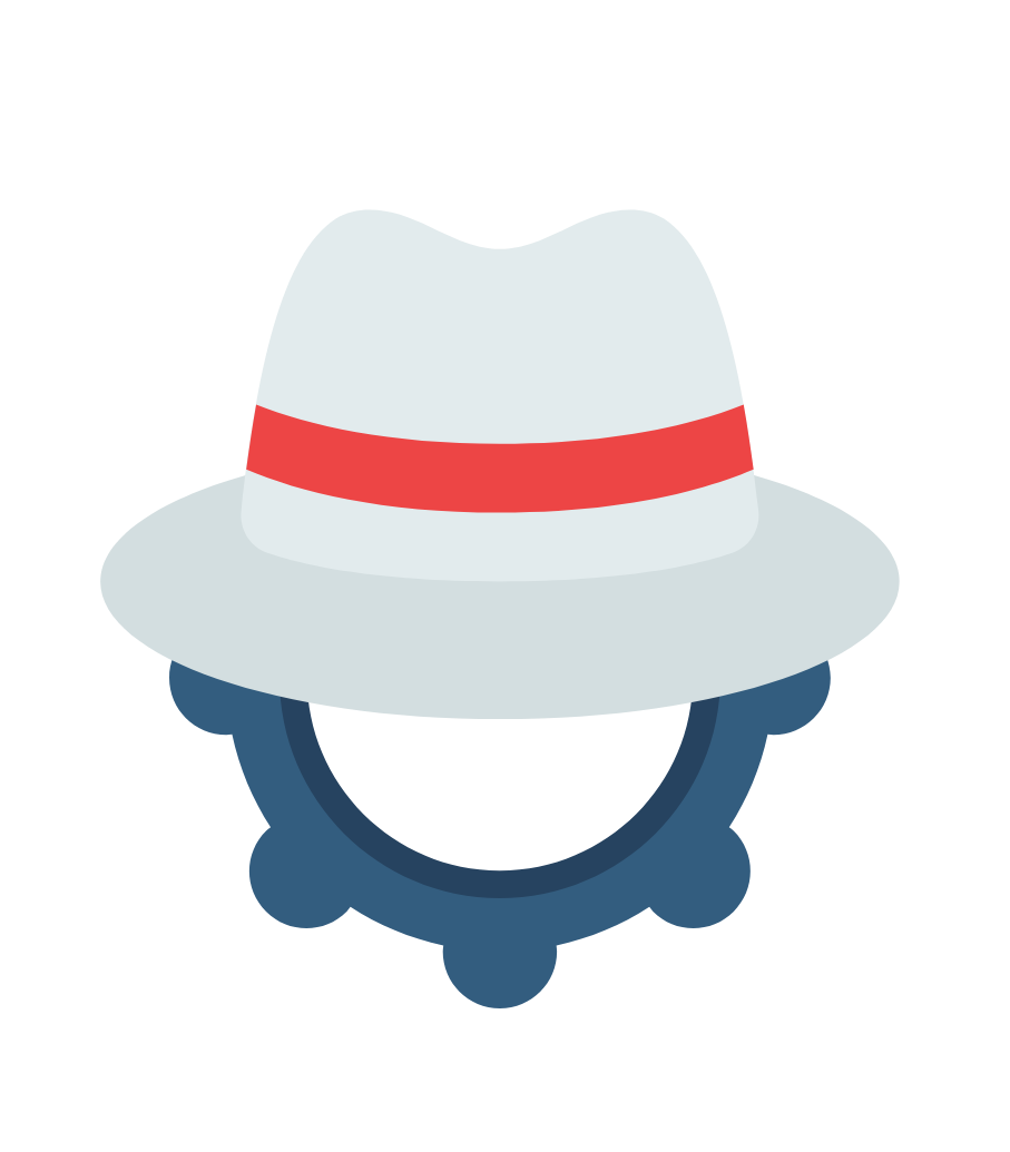 A white hat with a red ribbon is sitting on top of a blue gear.