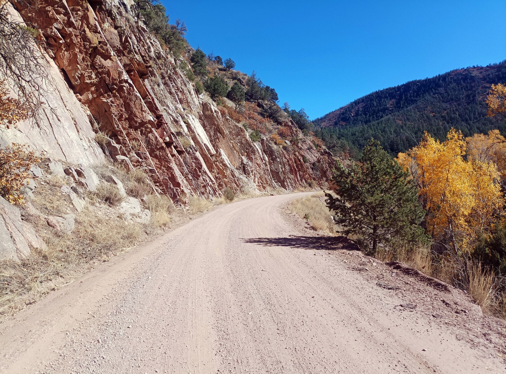 A dirt road in the mountains with trees on the side