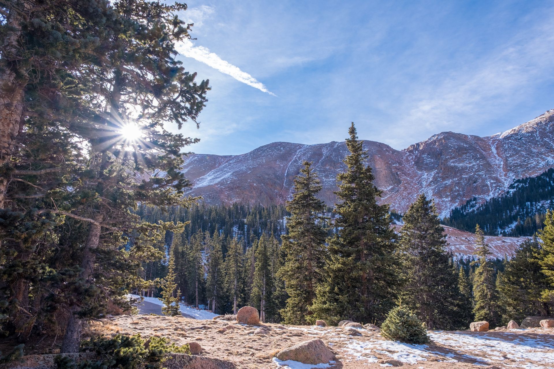 The sun is shining through the trees in the mountains