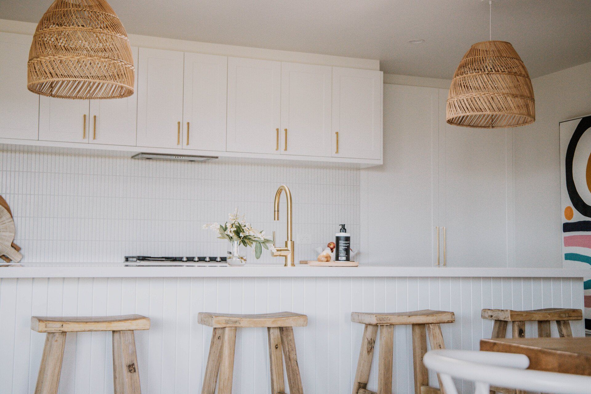 White Cabinets And Kitchen Counter With Cane Lights — Interior Design in Tweed Heads, NSW