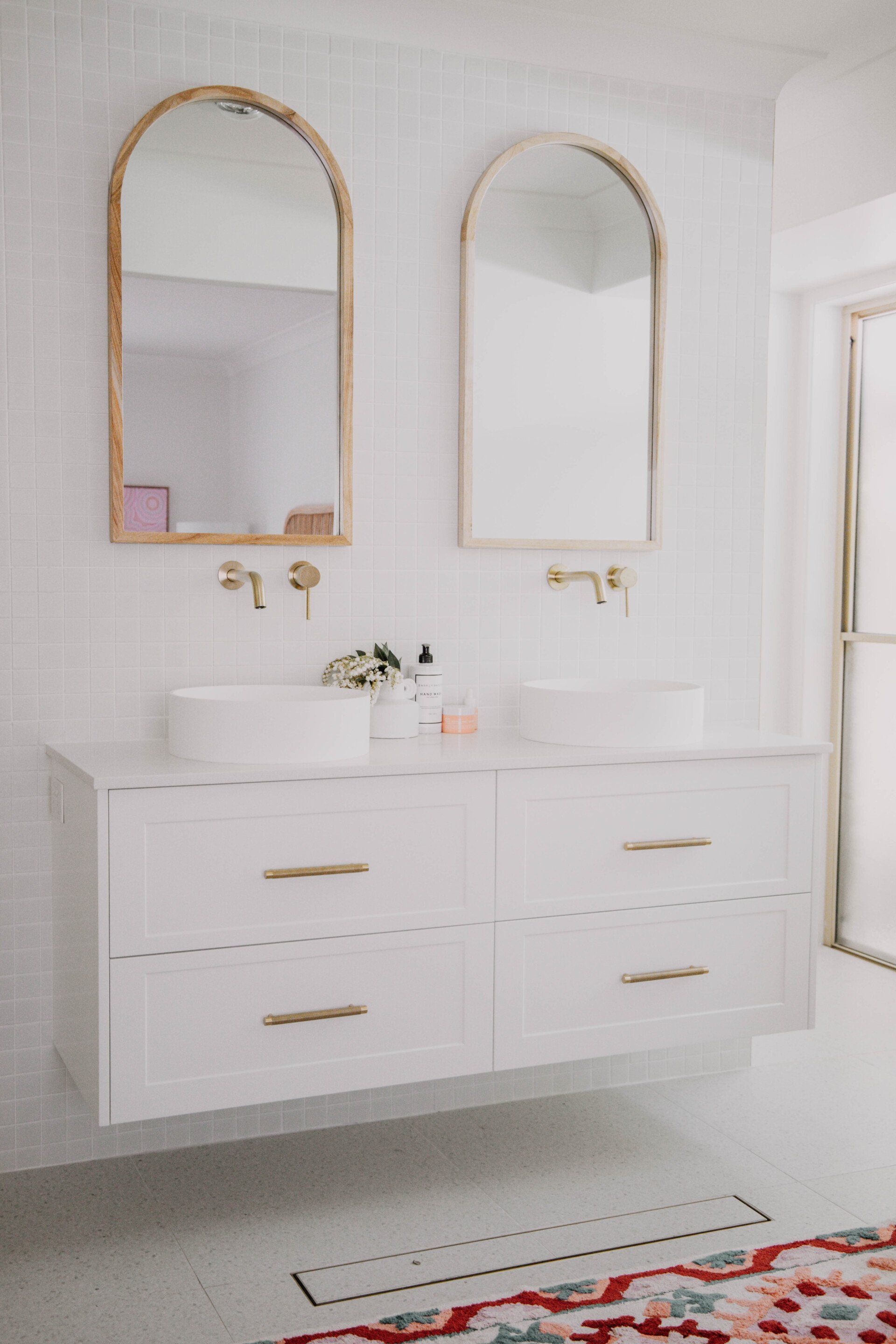 Modern Bathroom Vanity With Wooden Mirrors — Interior Design in Tweed Heads, NSW