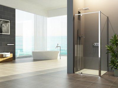 large bathroom with glass shower