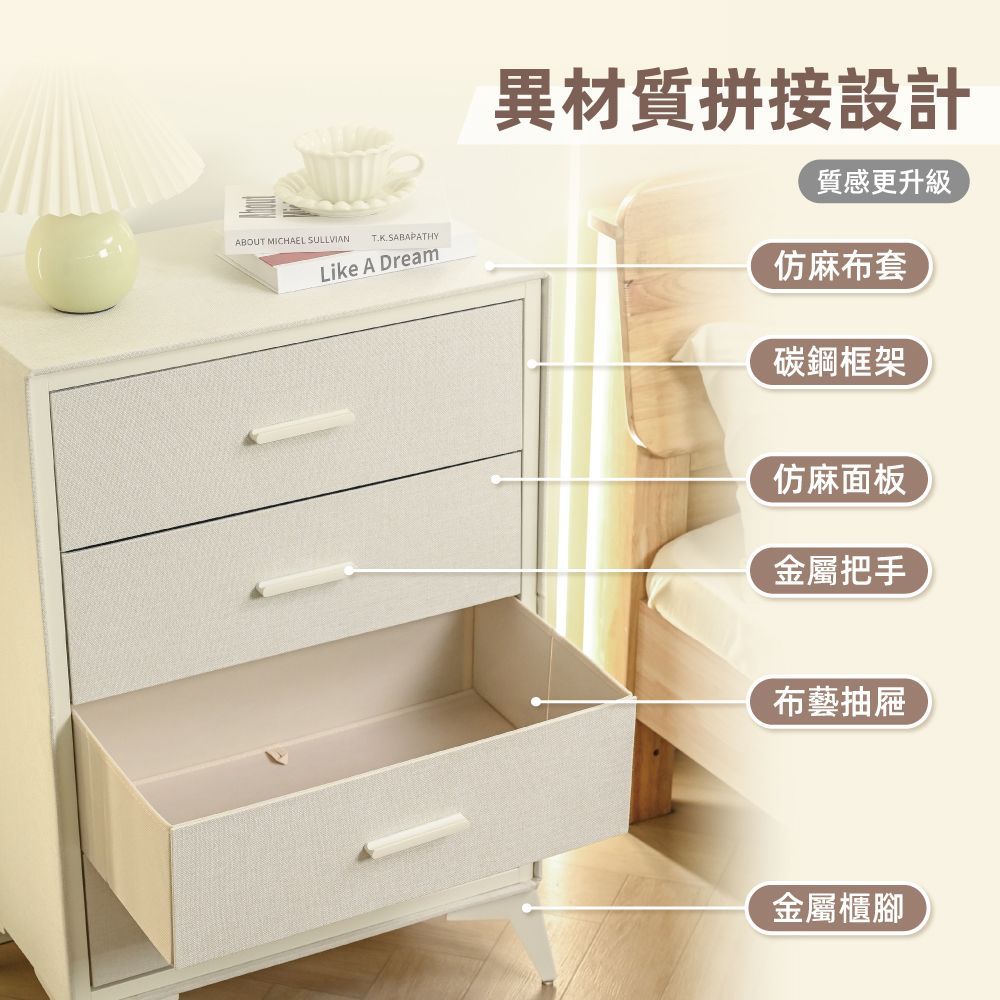【慢慢家居】無印風-輕雲布藝四格抽屜收納櫃 ( 異材質拼接 金屬把手)