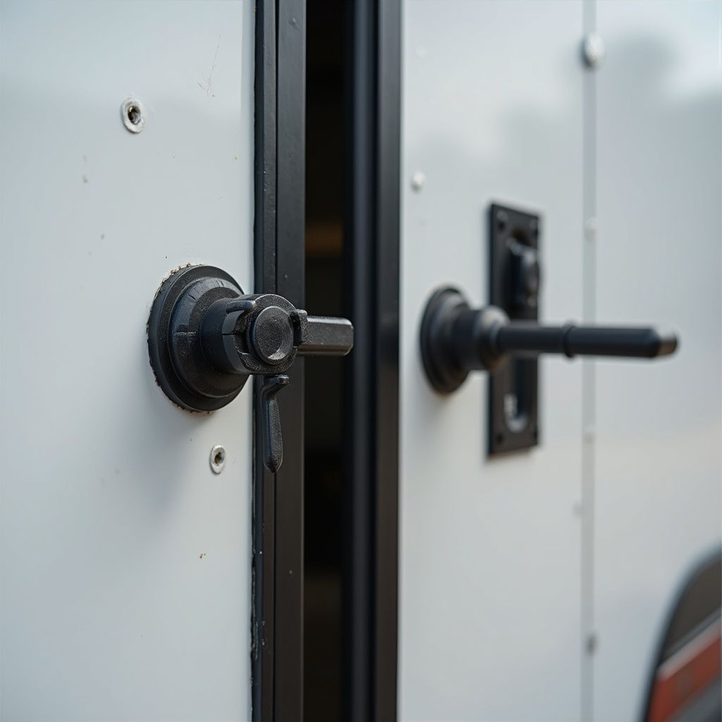 Black door handles on a white cargo trailer door, one latched, one extended.