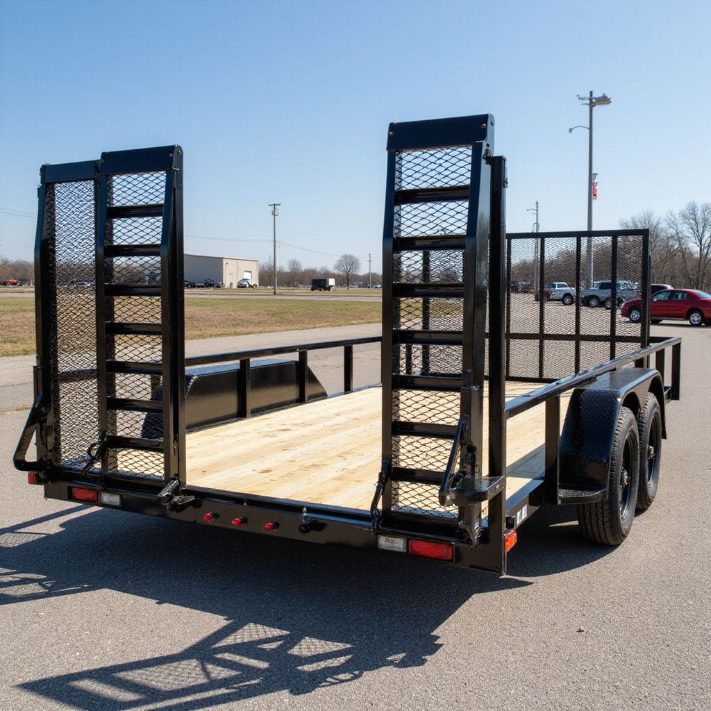 Black utility trailer with mesh side panels and wooden floor. Outdoor setting.