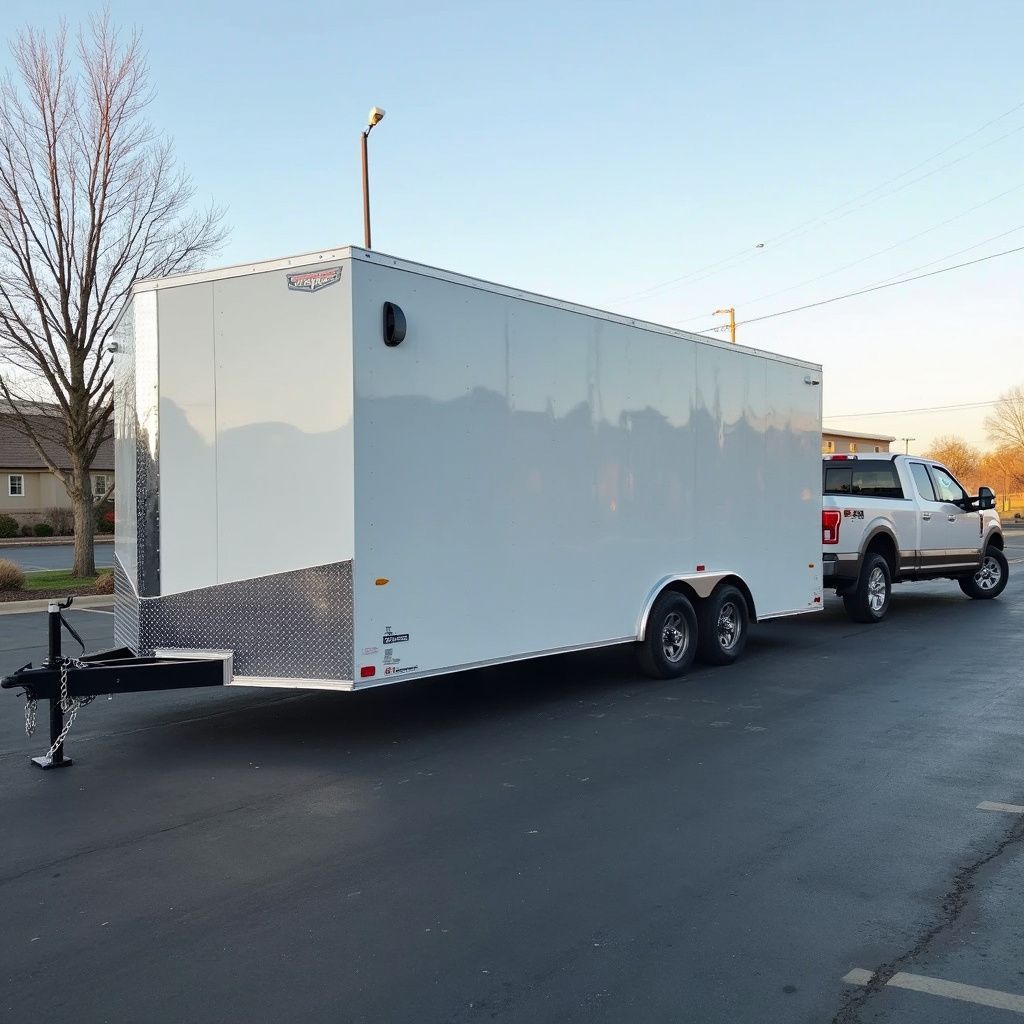 White enclosed trailer hitched to a white pickup truck, parked outdoors.