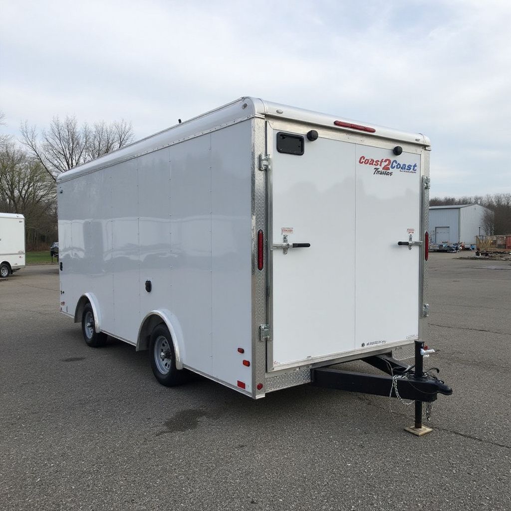 White enclosed cargo trailer with a black hitch, parked outside.