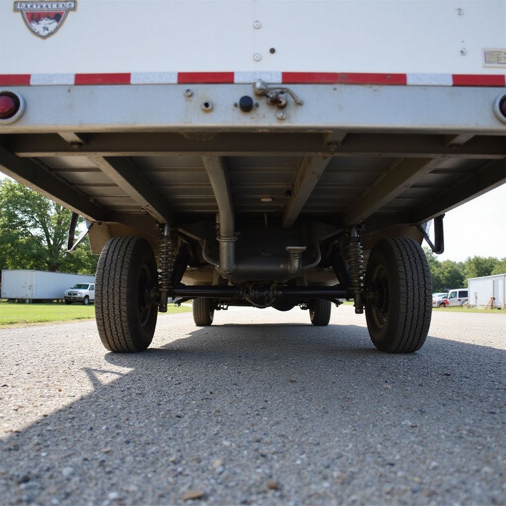Underside of a white trailer on a gravel surface, showing its wheels, suspension, and chassis.