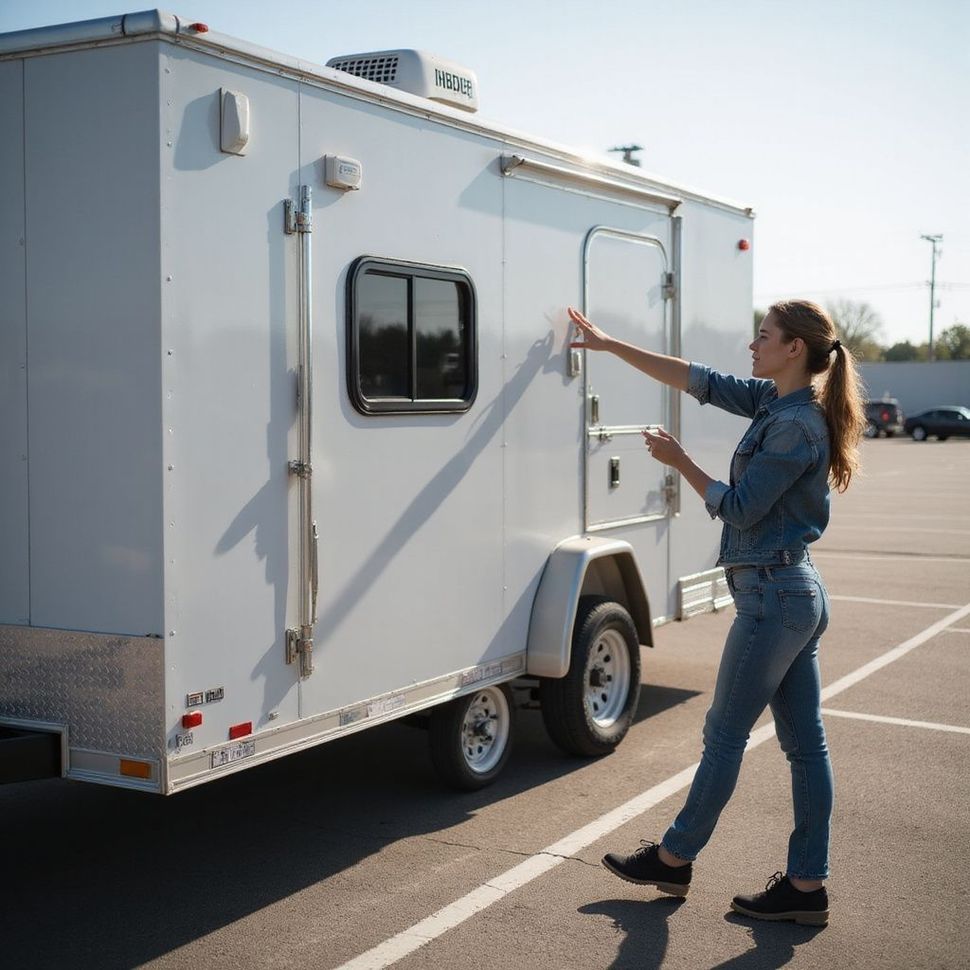 Woman in denim reaching for the door of a white cargo trailer in a parking lot.