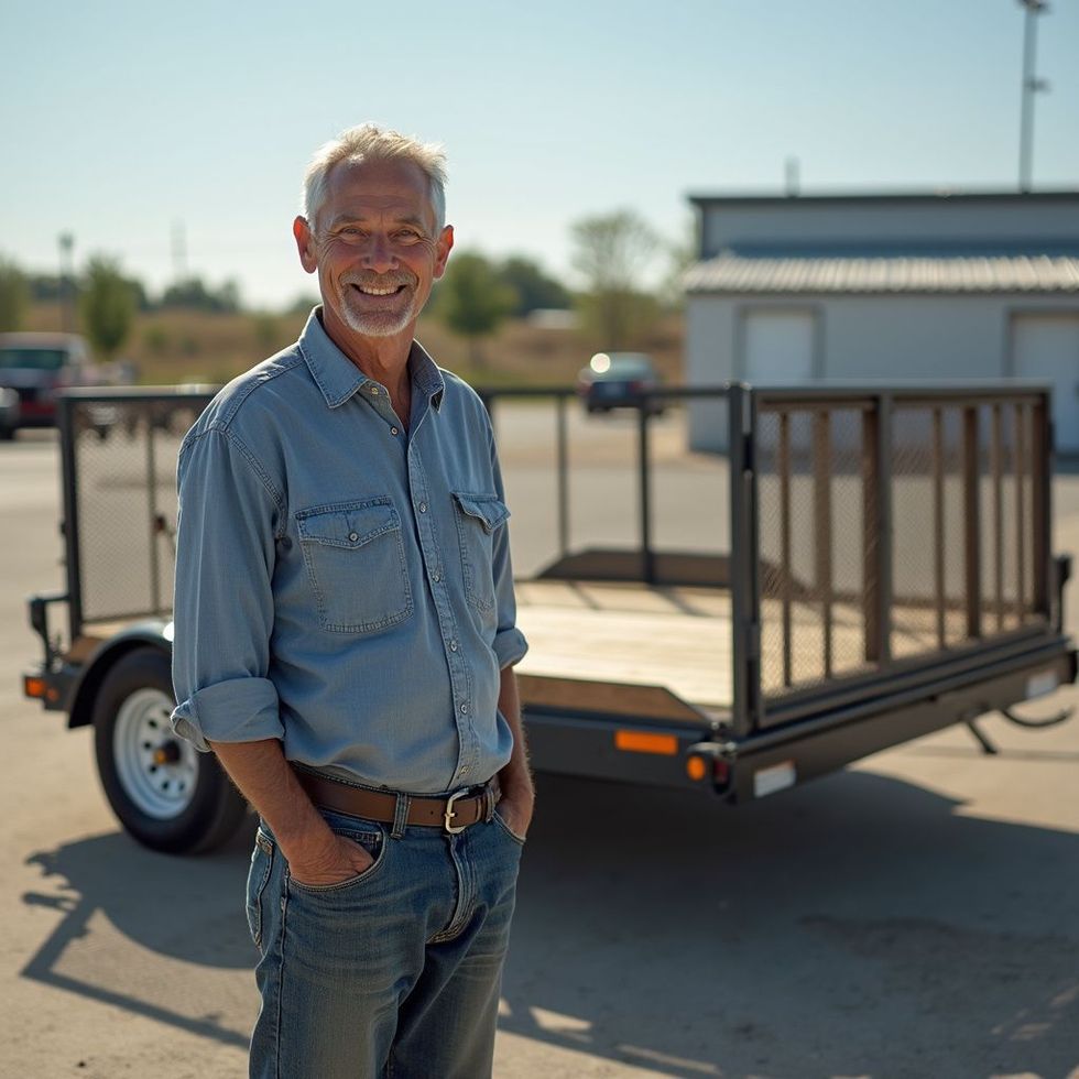 Man in denim shirt smiles by utility trailer. Outdoor setting, bright sunlight.