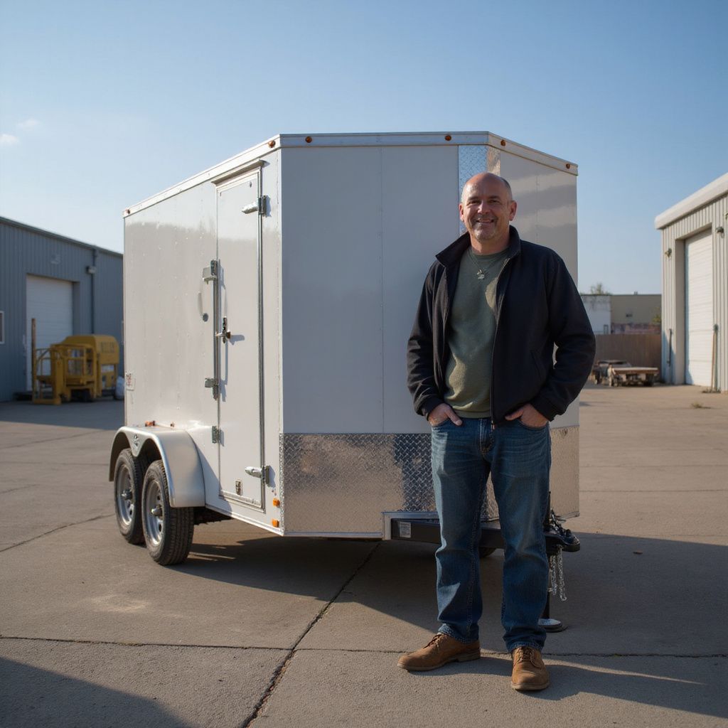 Man standing in front of a white enclosed trailer on a sunny day.