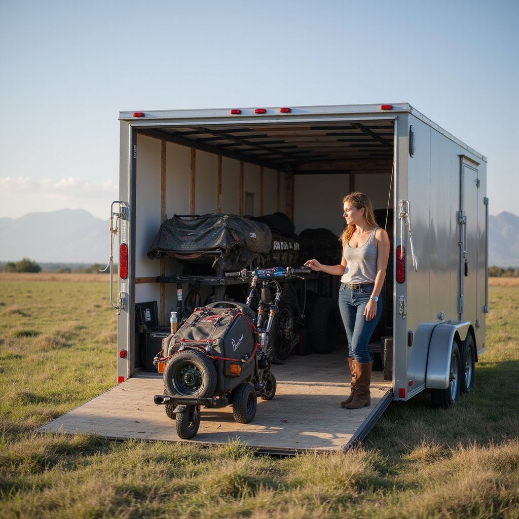Woman next to a small motorcycle and gear inside an open trailer in a field.