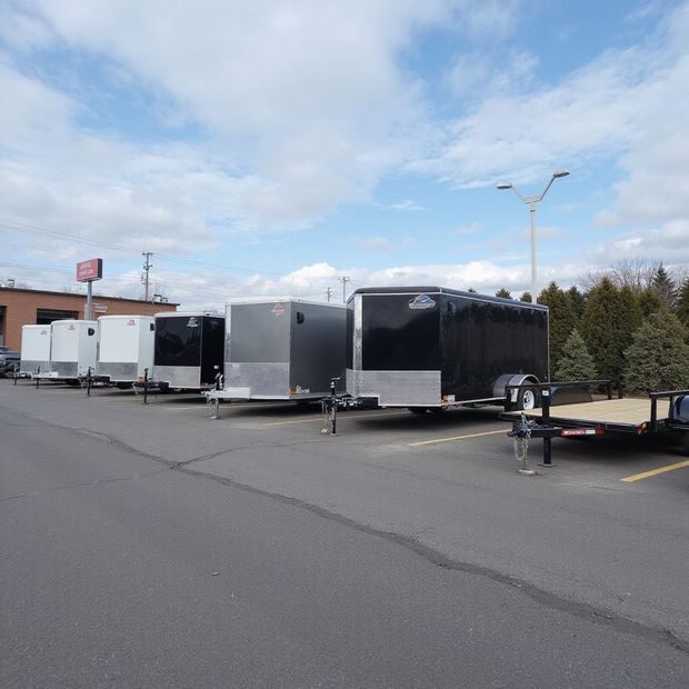 Trailers parked on a paved lot on a cloudy day. Several enclosed cargo trailers and one open trailer.