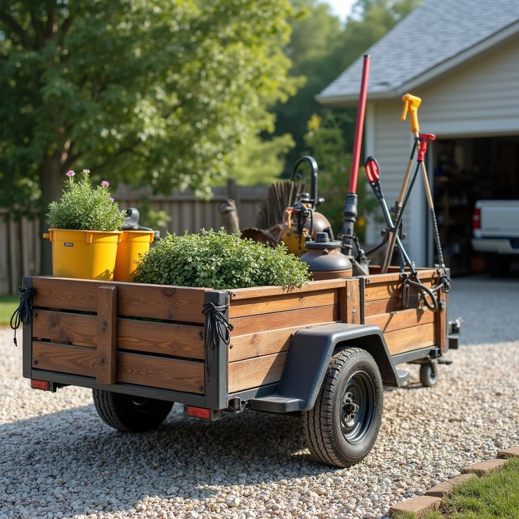 Wooden utility trailer filled with gardening tools and plants, parked on gravel driveway.