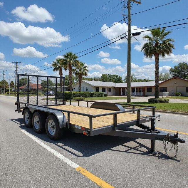 Flatbed trailer with wire cage on road, palm trees in background.
