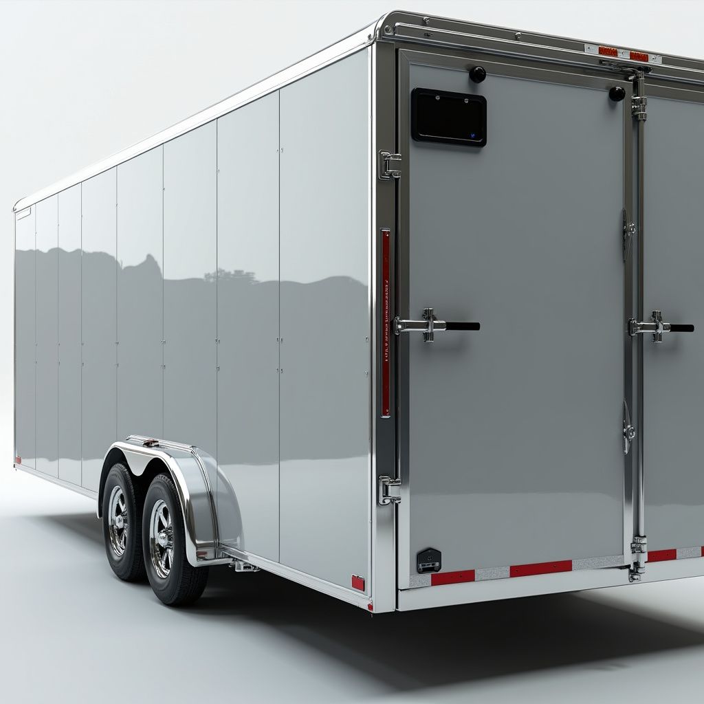 Silver enclosed cargo trailer with two axles.