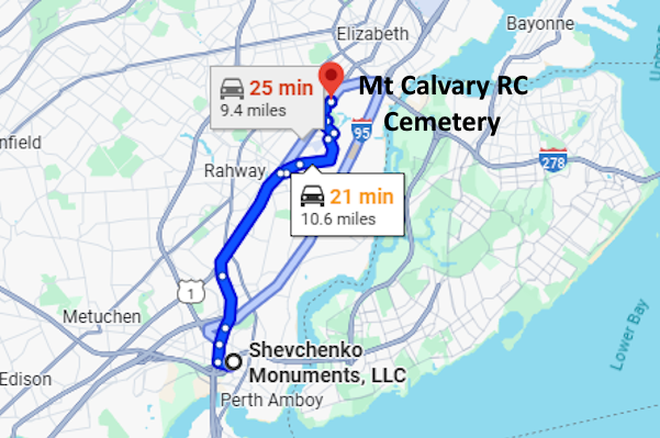 Map showing directions from Shevchenko Monuments, LLC to Congregation Beth Mordecai Cemetery.