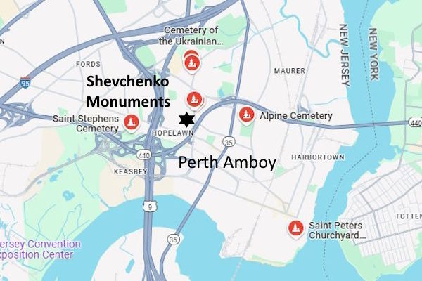 Map of cemeteries in Perth Amboy, NJ, showing Shevchenko location