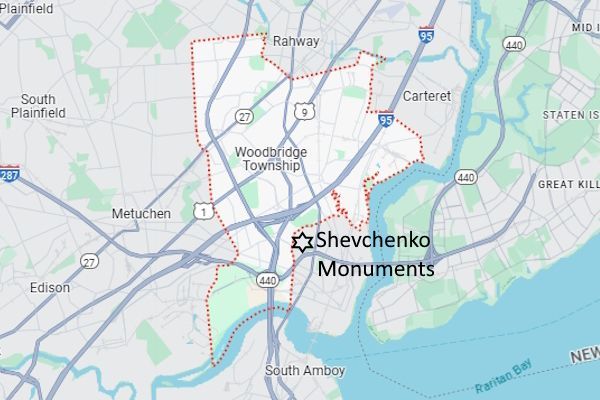 Map of Woodbridge Township, NJ, showing proximity to Shevchenko Monuments. 