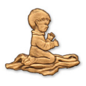 A small child kneeling in prayer on a blanket; gold color.