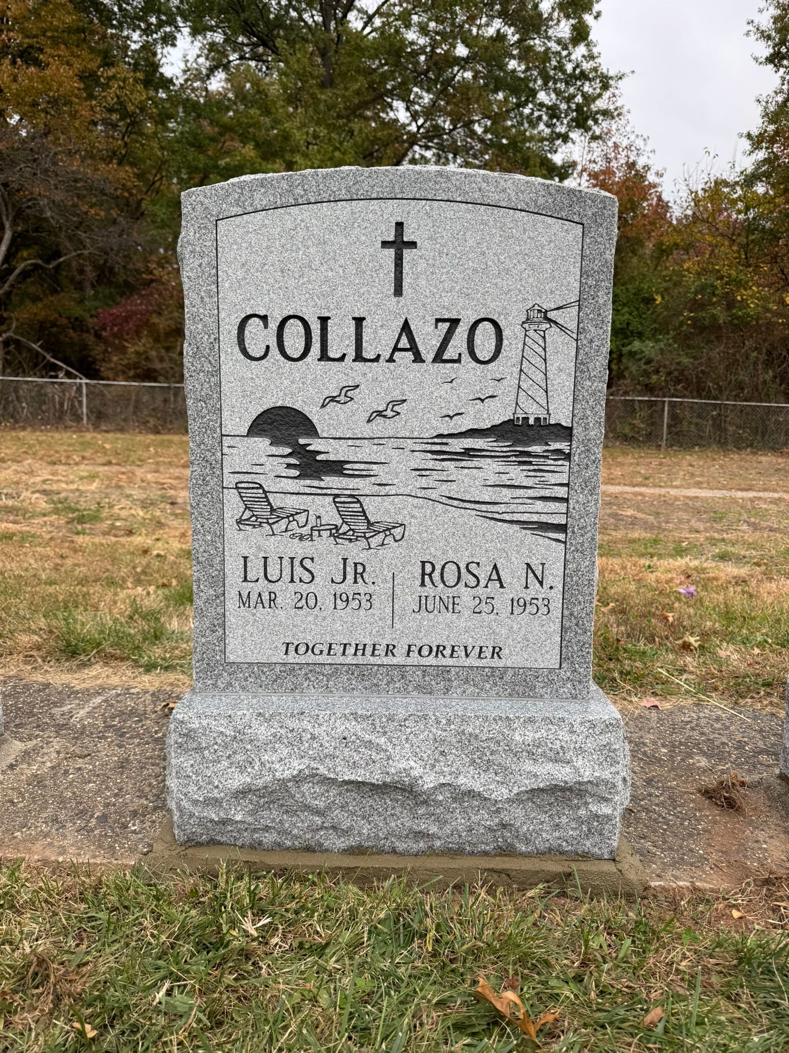 Gray granite tombstone with