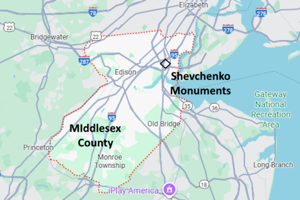 Map of cemeteries in Middlesex County, NJ, showing Shevchenko location
