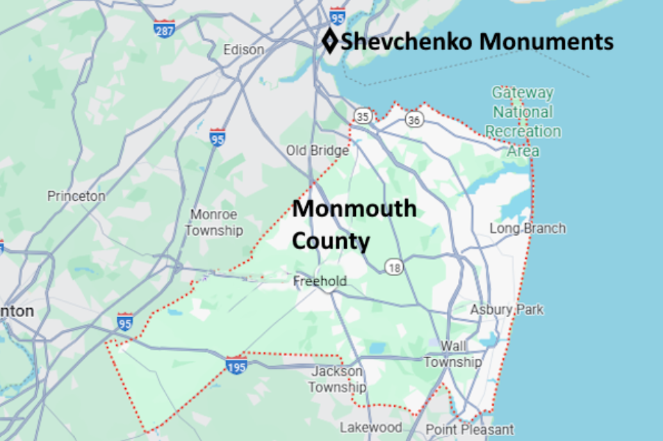 Map of cemeteries in Monmouth County, NJ, showing Shevchenko location