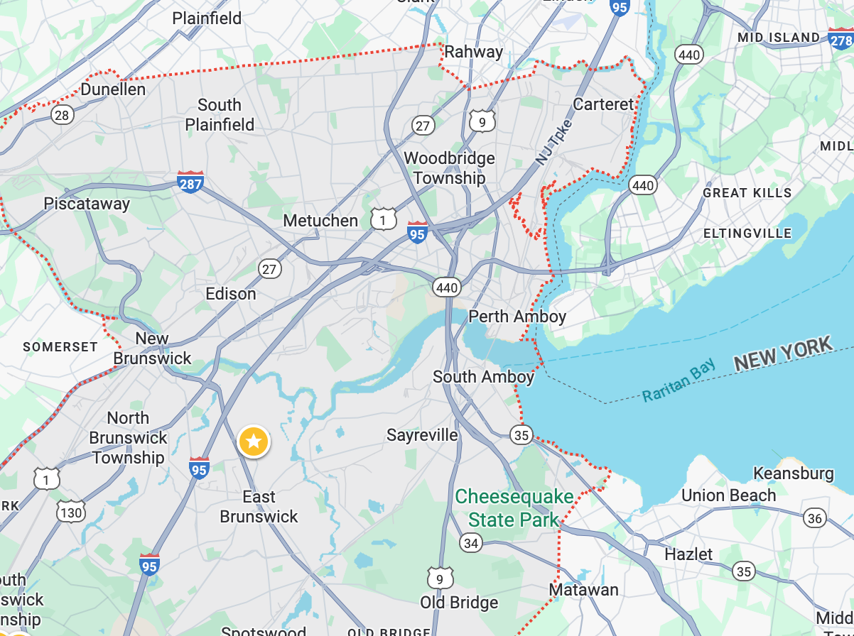 Map of central New Jersey with roads, bodies of water, and labeled towns.