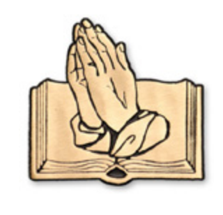 Praying hands over an open book.