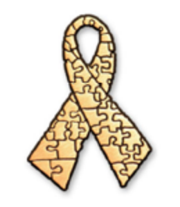 Puzzle piece ribbon, gold, representing autism awareness.