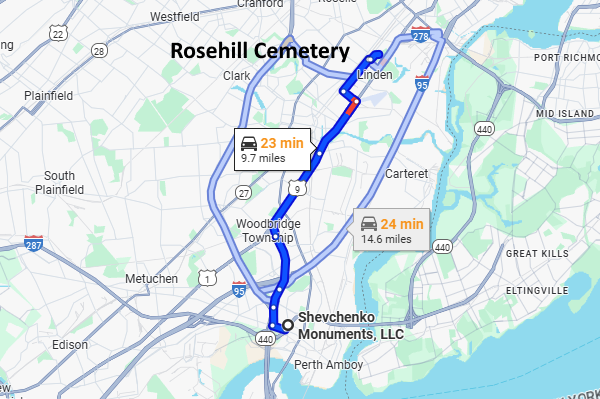Map showing directions from Shevchenko Monuments, LLC to Congregation Beth Mordecai Cemetery.