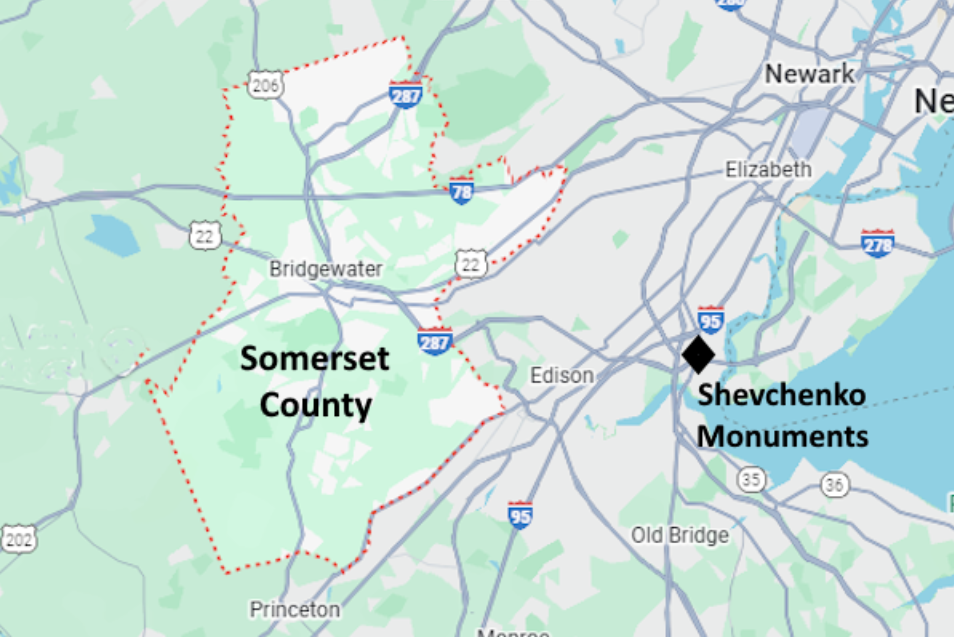 Map of cemeteries in Somerset County, NJ, showing Shevchenko location