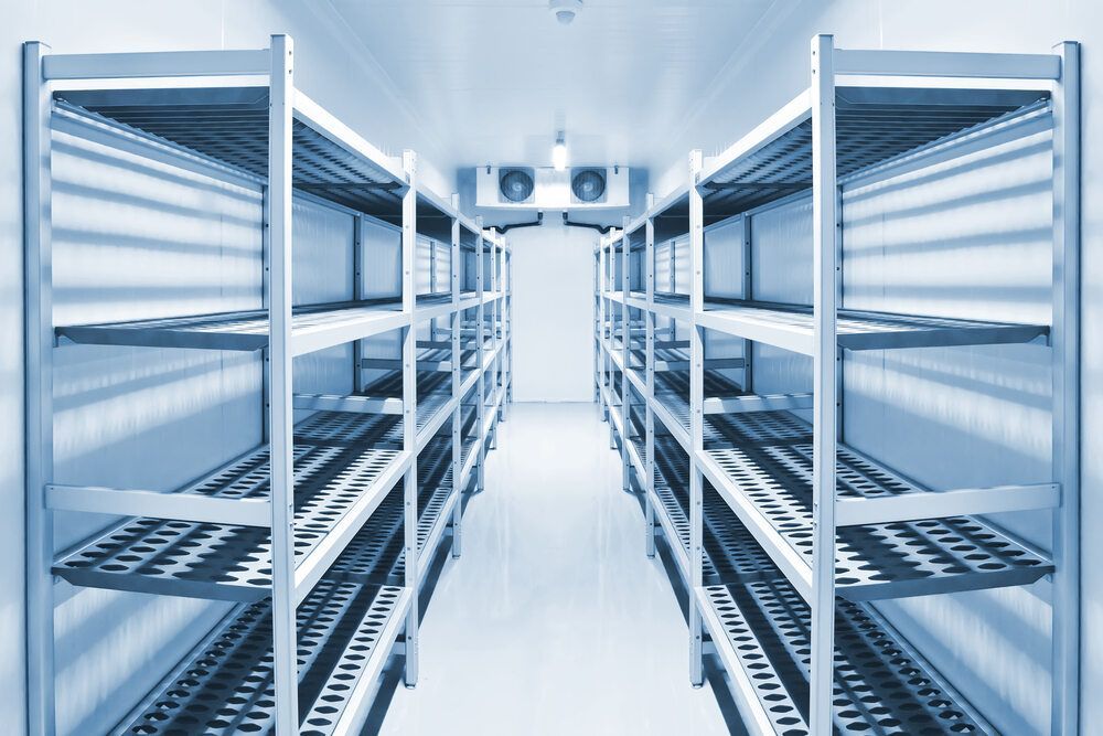 A Row Of Stainless Steel Shelves In A Freezer — Newcastle Air & Refrigeration In Merewether, NSW