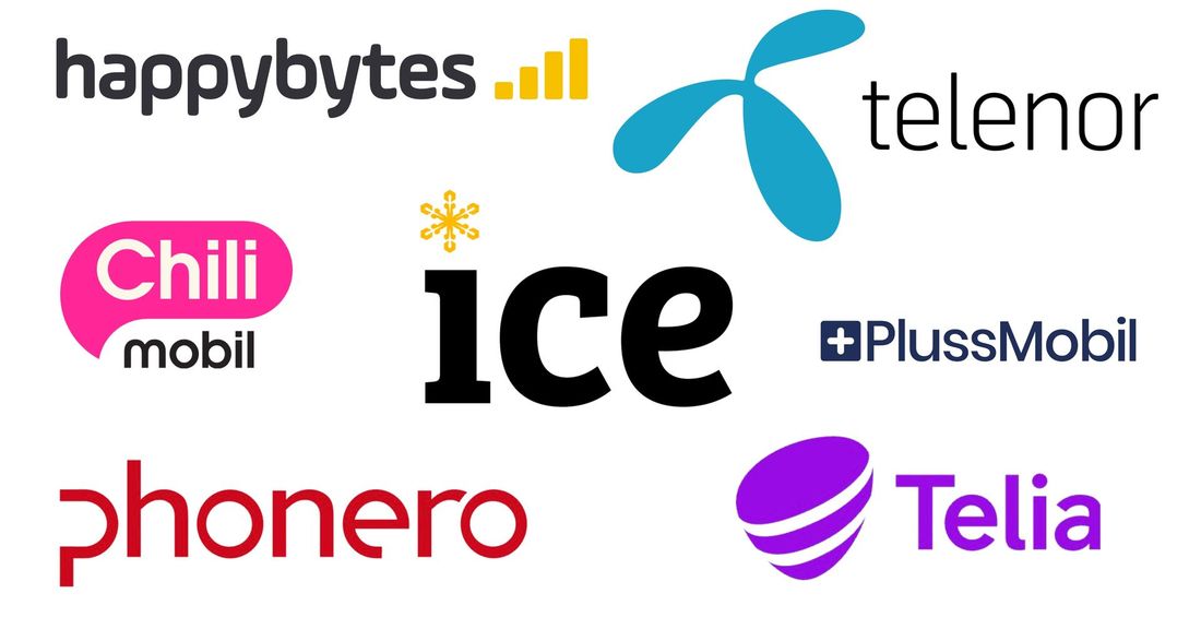 Logoer til norske mobiloperatører: Telenor, Telia, Ice og Phonero.