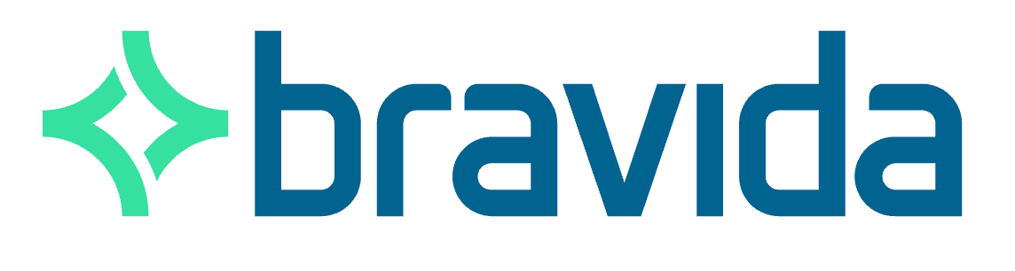 Bravida-logo: blågrønt symbol ved siden av ordet «bravida» i mørk blågrønn.