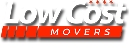 Logo for Low Cost Movers: white text on a red background with a shadow. Four stars in red above the word 