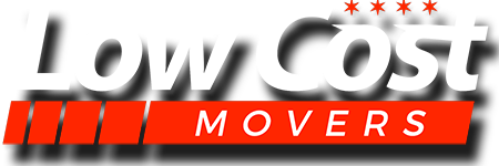 Logo for Low Cost Movers, white text with shadow, red rectangle.
