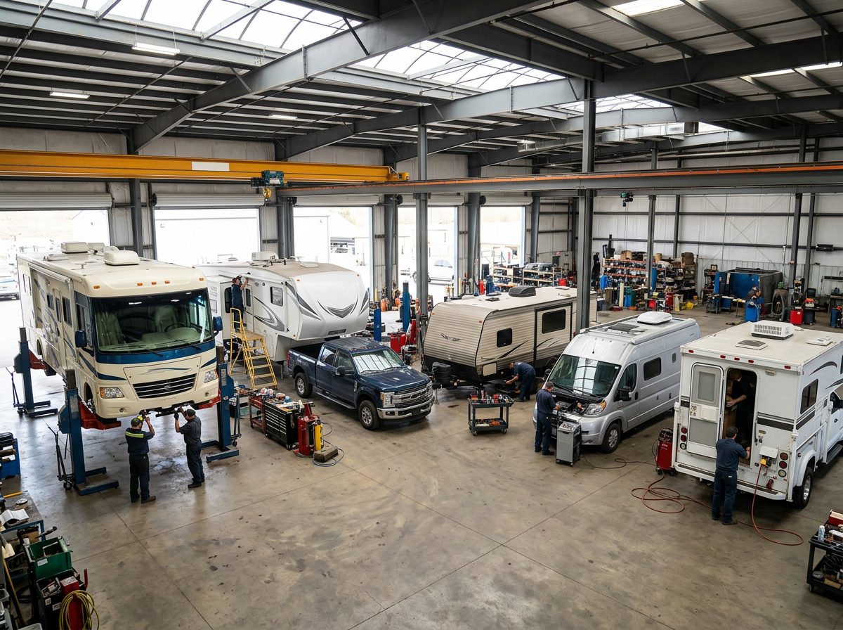 Truck service garage with several white trucks parked inside a spacious maintenance workshop