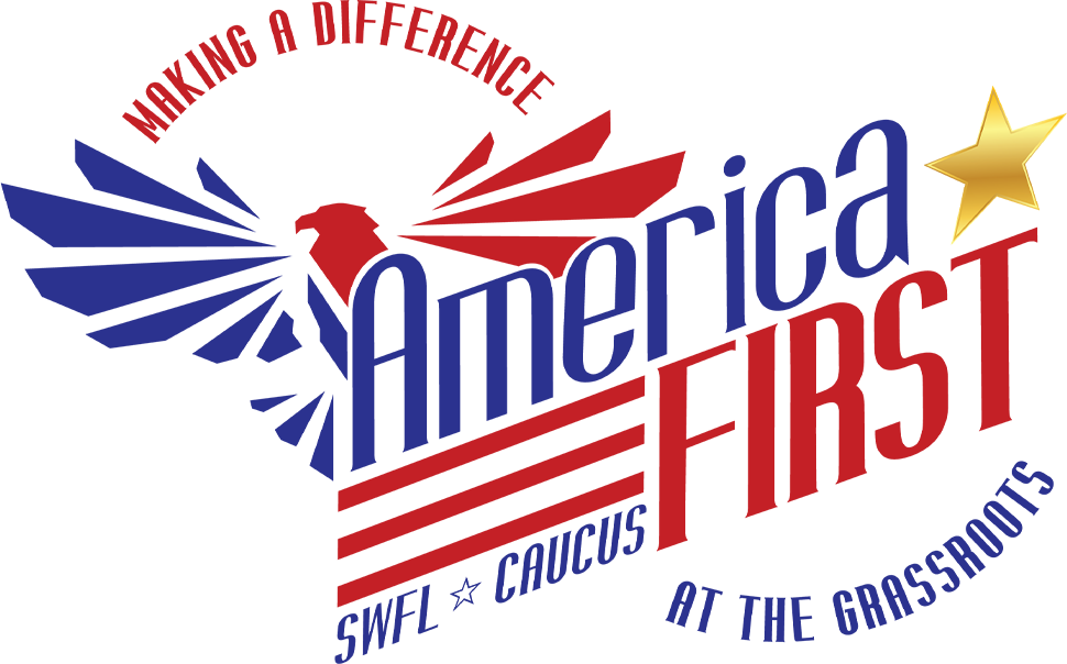 A red white and blue logo for america first