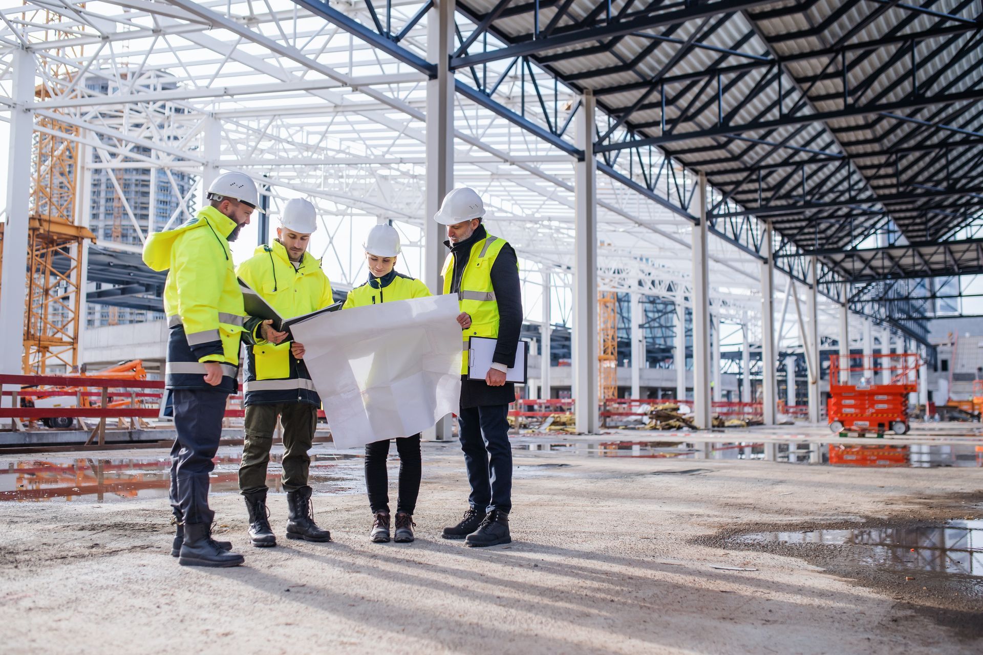 Construction workers in hard hats and safety vests review blueprints at a building site, discussing plans.