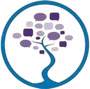 Blue circle with a stylized tree composed of speech bubbles.